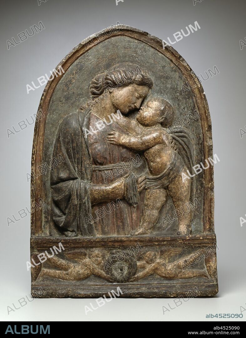 Andrea di Lazzaro Cavalcanti, Italian, 1412 - 1461/62, Madonna and Child, c. 1440/1450, Terracotta with polychrome decoration, Overall: 31 7/8 × 22 × 3 1/4 inches (81 × 55.9 × 8.3 cm).