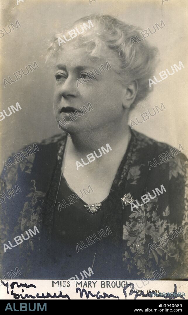 Mary Brough (1863-1834), English actress, 20th century. Brough appeared in over 60 films, both silent and talkies, where she was best known for playing fearsome Cockney women in farces.