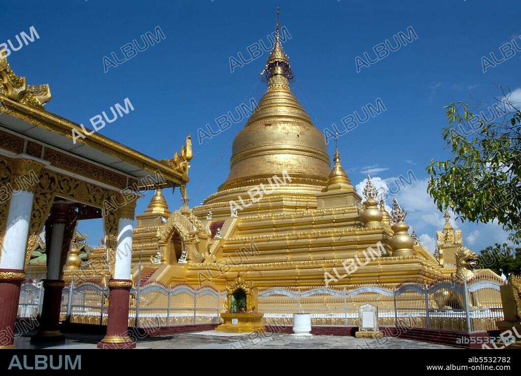 Kuthodaw Pagoda, literally meaning Royal Merit Pagoda, and formally titled Mahalawka Marazein, is a Buddhist temple and stupa located in Mandalay, central Burma. It lies at the foot of Mandalay Hill and was built during the reign of King Mindon (1808—78). The stupa itself, which is gilded above its terraces, is 57 m (188 ft) high, and is modelled after the Shwezigon Pagoda at Nyaung-U near Bagan. In the grounds of the pagoda are 729 'kyauksa gu' or stone-inscription caves, each containing a marble slab inscribed on both sides with a page of text from the Tipitaka, the entire Pali Canon of Theravada Buddhism. The stone inscriptions are considered to be the largest book in the world. Mandalay, a sprawling city of more than 1 million people, was founded in 1857 by King Mindon to coincide with an ancient Buddhist prophecy. It was believed that Gautama Buddha visited the sacred mount of Mandalay Hill with his disciple Ananda, and proclaimed that on the 2,400th anniversary of his death, a metropolis of Buddhist teaching would be founded at the foot of the hill.