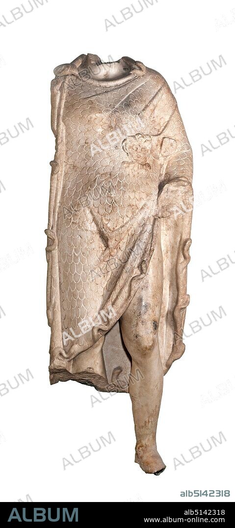 Alexander the Great (type Aigiochos), Marble, chiseled, Total: Height: 135.5 cm; Width: 55.5 cm; Depth: 25.5 cm, Three-dimensional sculptures, Portrait of a ruler, State portrait, History of Alexander the Great, Alexander the Great, Middle Imperial Period, Roman copy after a Greek original Under life-size marble statue of a man with a short coat (Greek: Chlamys) in the shape of an Aigis (mythical goatskin). The left arm is bent and stretched out. The right leg was used as a supporting leg, while the left one is slightly bent and set aside to the side. As a robe the figure wears a Macedonian chlamys, a simple garment that is scaled and has a snake edge and a gorgoneion on the chest. Between the gorgoneion and the left elbow is a boss - a reference to a copy of the Roman Imperial period. The back is flat, its elaboration only hinted at. The fact that this statue was placed in a niche testifies to its orientation towards the front. The scale pattern, the snake hem and the gorgoneion may have been colored in the past, as evidenced by small traces of red paint on the edges of the scales. Due to further copies of this type, where the head is preserved, this statue can be safely named as that of the Macedonian king Alexander the Great (r. 336-323 BC). Originally, he still held a scepter and - like the father of the gods Zeus - a bundle of lightning in his hands. Already in Homer's Iliad Zeus is mentioned as the aegis bearer. Alexander was the first mortal to be depicted with Aigis and Gorgoneion. Possibly this type of statue goes back to a cult image of Alexander as founder of the city of Alexandria. This might not have originated before 311 BC.