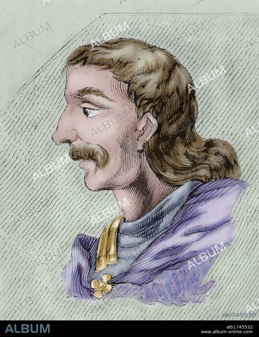 FRUELA I (m. Cangas de Onis, 768). Rey de Asturias (757-768). Hijo y sucesor de Alfonso I. Cuando subió al trono el reino astur se reducía al norte de Galicia, Asturias, la costa cántabra, parte de Vizcaya y las tierras del Alto Ebro. Grabado coloreado.