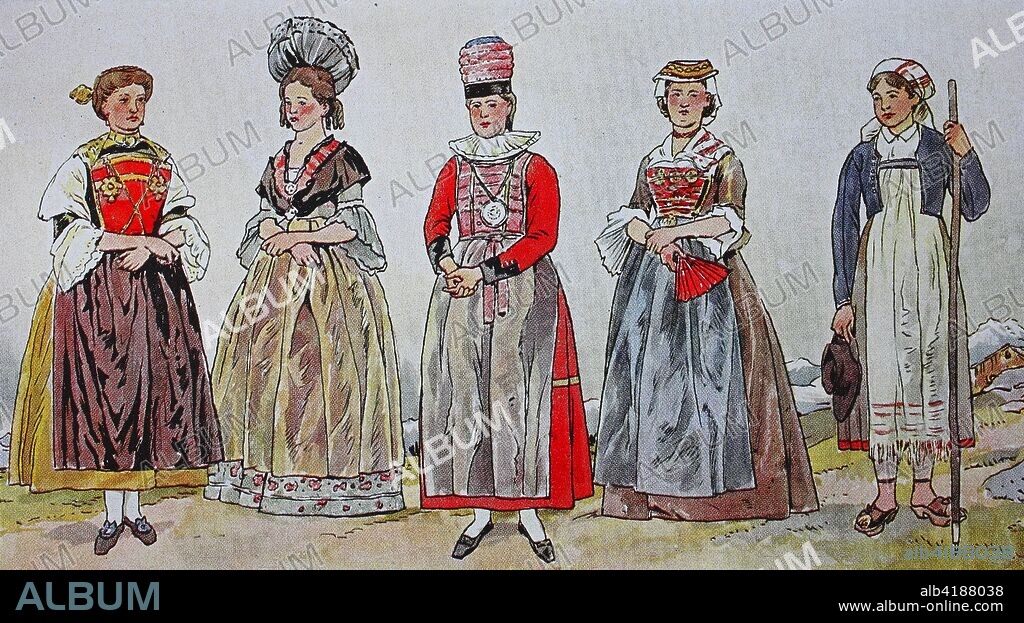 Fashion, costumes, clothing in Switzerland in the mid-19th century, from the left, farmer's wife from the canton of Unterwalden, then older costume from the canton of Schwyz, costume of a married woman from the canton of Friborg and a dairymaid from the canton of Ticino, digital improved reproduction from an original from the year 1900.