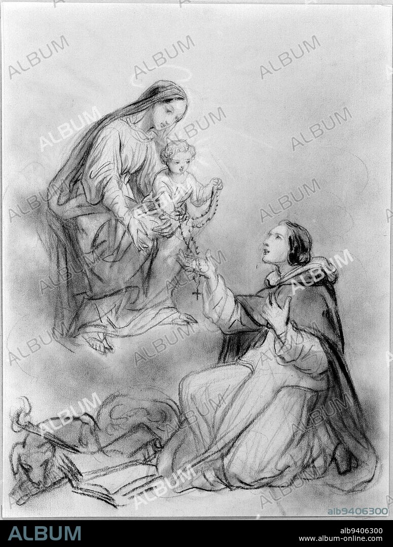 The Virgin and Child giving the Rosary to St. Dominic, Tassaert, Octave Nicolas François (known as Octave), Draughtsman, 19th century, Graphic arts, Drawing, Charcoal, Blur, Gouache, Paper, Height: 26.6 cm, Width: 20.1 cm.