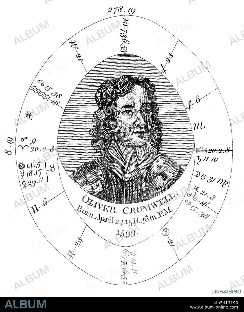 Astrological birth chart for Oliver Cromwell by Ebenezer Sibly, undated. Oliver Cromwell (April 25, 1599 - September 3, 1658) was an English military and political leader. He served as Lord Protector of the Commonwealth of England, Scotland, and Ireland from 1653 until his death, acting simultaneously as head of state and head of government of the new republic. Little is known of the first 40 years of his life as only four of his personal letters survive alongside a summary of a speech he delivered in 1628. He was an intensely religious man, a self-styled Puritan Moses, and he fervently believed that God was guiding his victories. He entered the English Civil War on the side of the Roundheads (Parliamentarians) and demonstrated his ability as a commander and was quickly promoted from leading a single cavalry troop to being one of the principal commanders of the New Model Army. Cromwell's forces defeated the Confederate and Royalist coalition in Ireland and occupied the country, bringing to an end the Irish Confederate Wars. Cromwell is one of the most controversial figures in the history of the British Isles. As a ruler, he executed an aggressive and effective foreign policy. He died from natural causes in 1658 and was buried in Westminster Abbey. The Royalists returned to power in 1660, and they had his corpse dug up, hung in chains, and beheaded. Engraving by by W. Holl, undated.