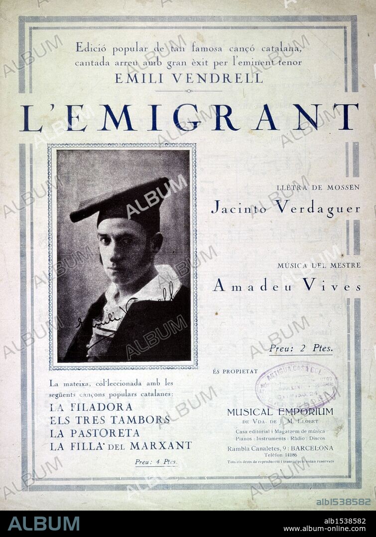 AMADEO VIVES. Cubierta de la canción catalana "L'emigrant"; Música de Vives, Amadeo; Letra de Verdaguer, Jacint; Editada en Barcelona.