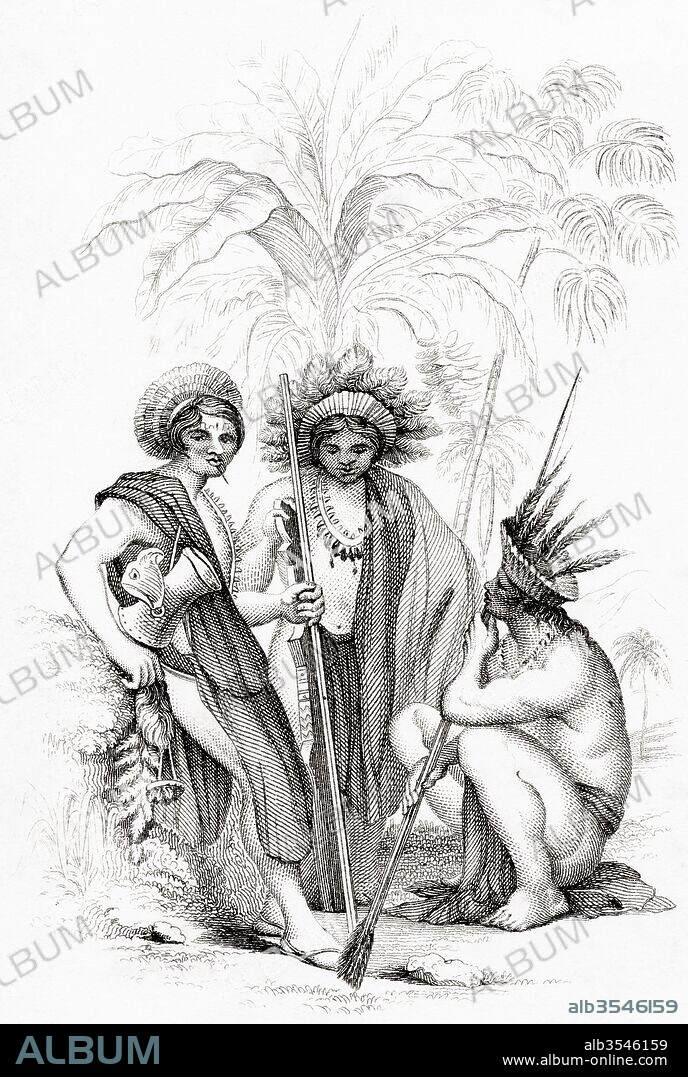 From left to right, Macushi, Paravilhano and Warao, members of the native tribes of Guyana. From a 19th century print.