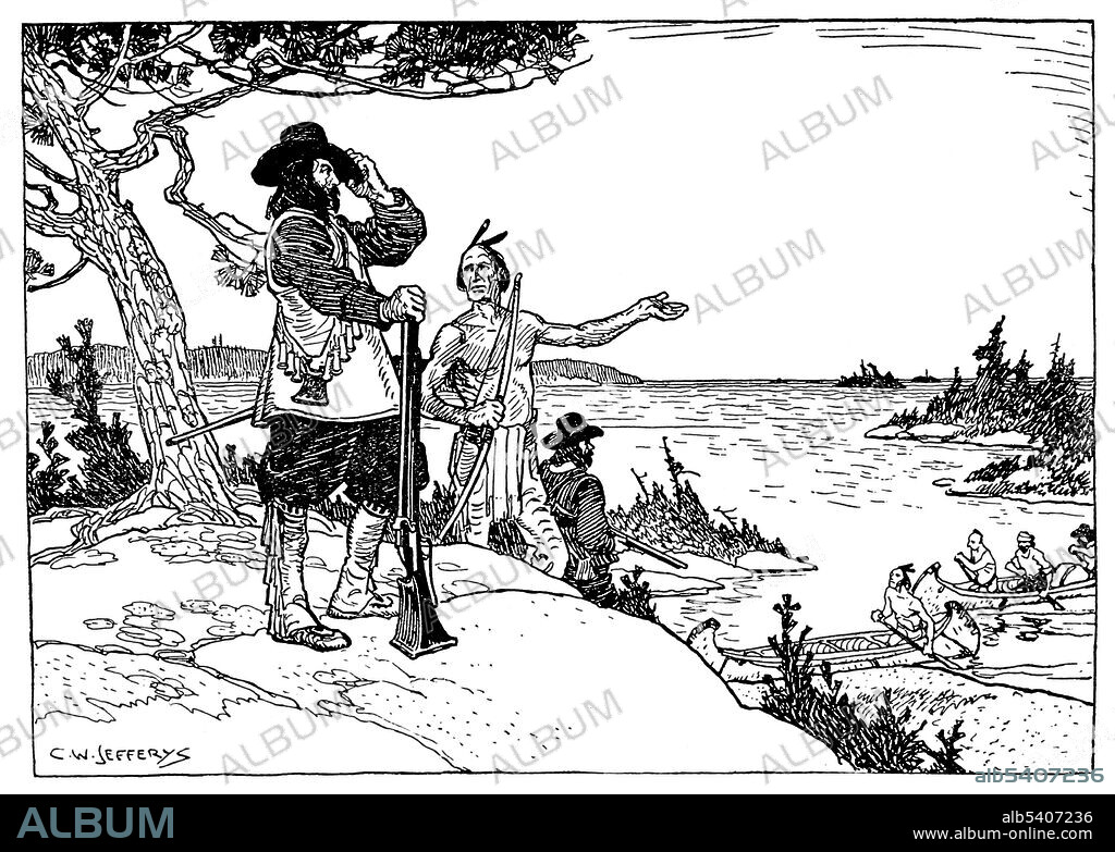 De Champlain was the first European to explore and map the area around Georgian Bay (1615-16), called it La Mer douce (the calm sea). Samuel de Champlain (August 13, 1574 - December 25, 1635) was a French navigator and explorer. He founded New France and Quebec City, and made the first accurate map of the coast and helped establish the settlements. In 1620, Louis XIII ordered Champlain to cease exploration, and devote himself to the administration of the country. He established trading companies that sent goods to France, and oversaw the growth of New France. Illustration by Charles William Jefferys, undated (cropped and cleaned).