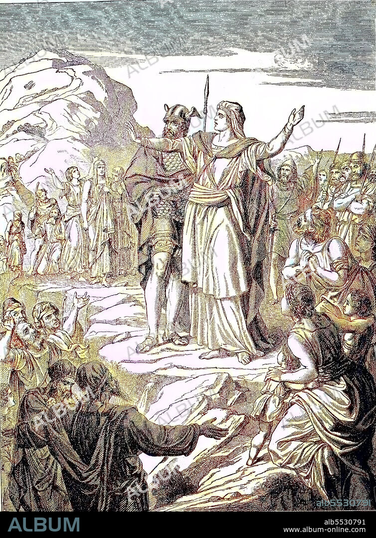 Deborah. According to the Book of Judges chapters 4 and 5, Deborah was a prophet of Yahweh the God of the Israelites, the fourth Judge of pre-monarchic Israel and the only female judge mentioned in the Bible, and the wife of Lapidoth. Die Richterin Debora ist eine Person aus dem Tanach, der judischen Bibel, digital improved reproduction of an original print from the year 1881, Koloriert, Kolorierung, koloriert, handkoloriert, Hand-colouring, hand coloured, colored.