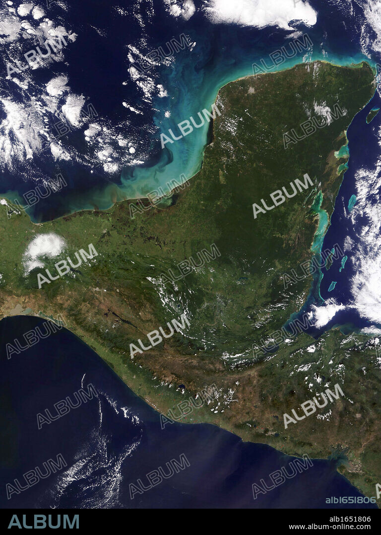 Yucatan peninsula, south-eastern Mexico, separating the Gulf of Mexico from the Caribbean Sea photographed by Satellite. Credit NASA. Science Earth Geology Oceanography.