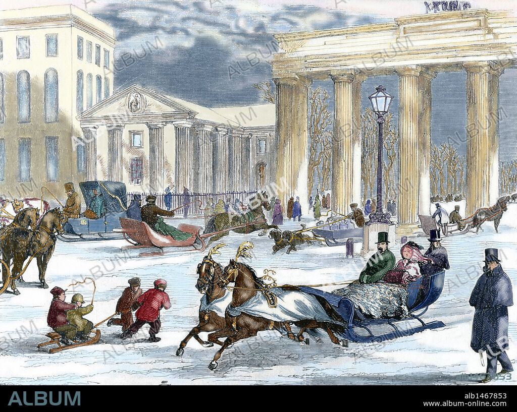 HISTORIA DE ALEMANIA. BERLIN. Grabado con la representación de una de las calles de la capital, el 20 de enero de 1862. Al fondo, la PUERTA DE BRANDEBURGO. L'Univers Illustré (1863). Grabado coloreado.