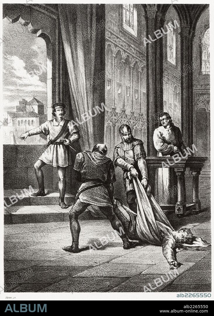 Historia de España. Muerte a mazazos del adelantado de Castilla Don Garcilaso II de la Vega (1290-1351), el Joven, en Burgos por orden del rey Don Pedro I de Castilla. Grabado de 1872.