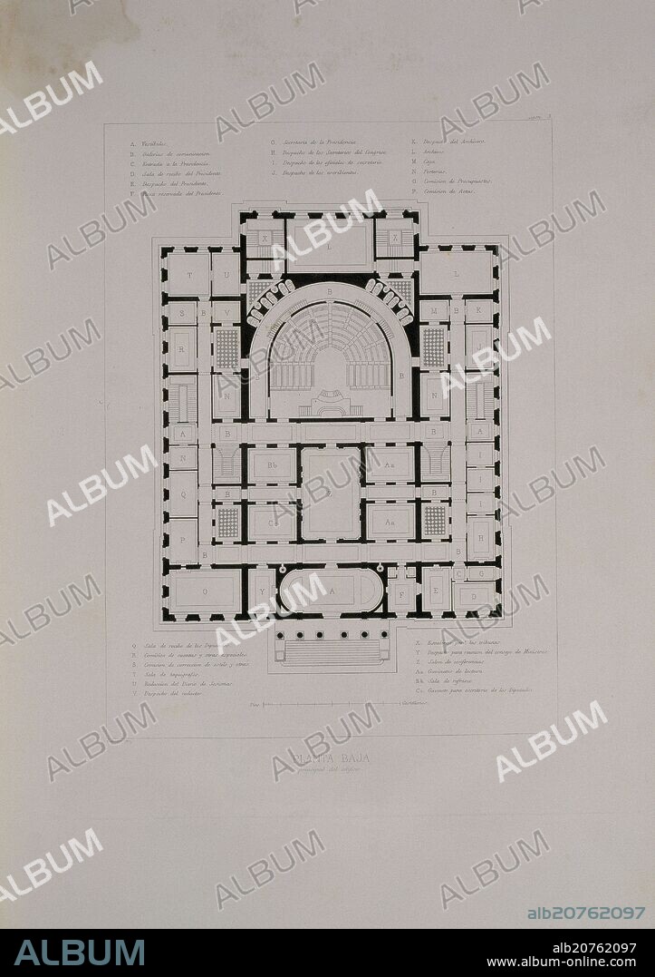 NARCISO PASCUAL Y COLOMER. PLANO DE LA PLANTA BAJA DEL CONGRESO DE LOS DIPUTADOS - SIGLO XIX- MEMORIA HISTORICO-DESCRIPTIVA DEL NUEVO PALACIO DEL CONGRESO.