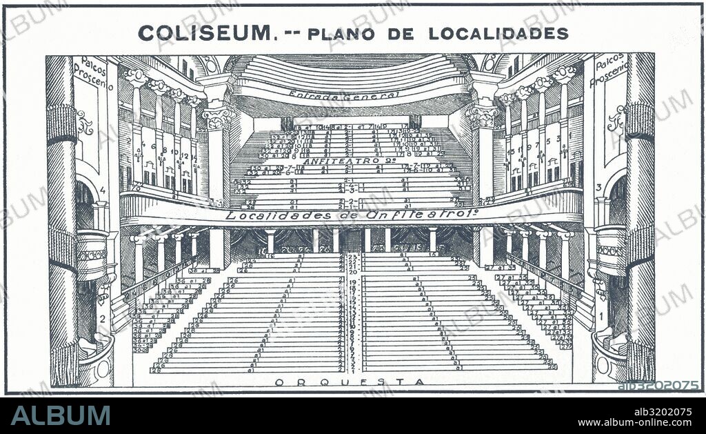 Barcelona. Plano de las localidades del Cine Coliseum, inaugurado en 1923. Dibujo de 1930.