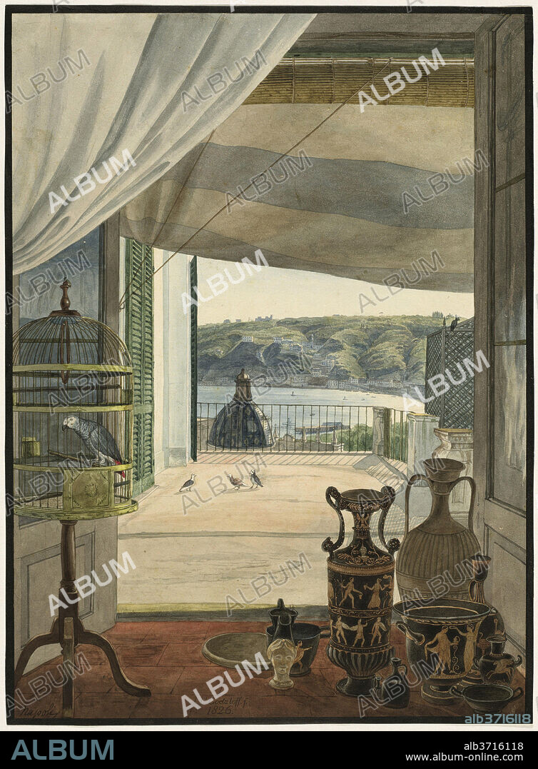 CARL WILHELM GöTZLOFF. Antiquities by a Balcony Overlooking the Gulf of Naples. Dated: 1826. Dimensions: sheet: 32.9 x 24.2 cm (12 15/16 x 9 1/2 in.). Medium: pen and brown and gray ink with watercolor over graphite, with borderlines in brush and black ink, on wove paper.