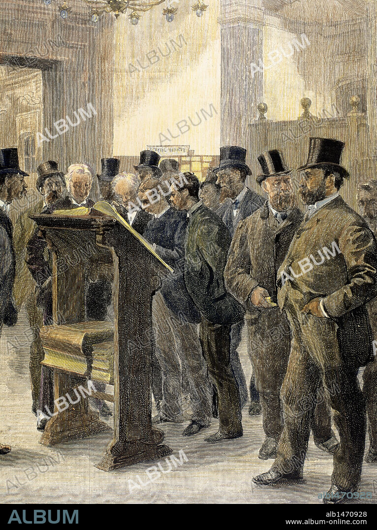 ECONOMIA SIGLO XIX. GRAN BRETAÑA. BOLSA DE LONDRES. Navieros y comerciantes consultando el "Loss Book" o "Libro de los Naufragios", del Lloyd. La Ilustración Española y Americana, 1886. Grabado coloreado.