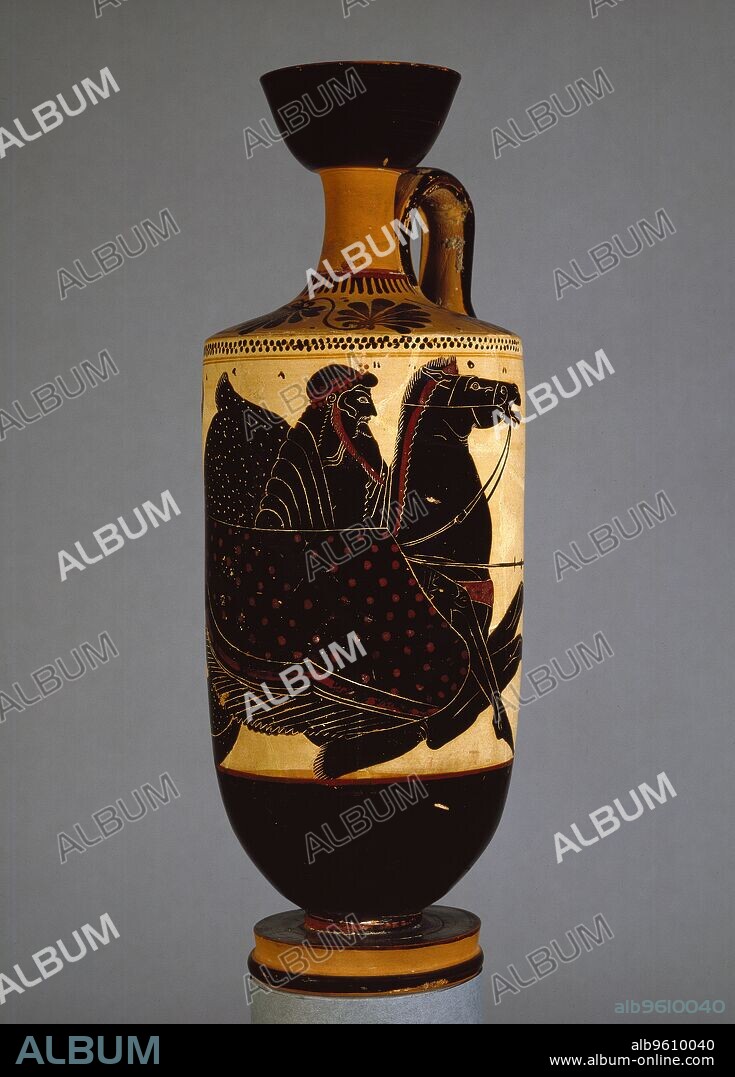 ATHENA PAINTER. Athenian white-ground lekythos showing Poseidon on sea-horse (hippocampos), 6th - 5th century BC.  Athenian black-figure white-ground lekythos; depiction of Poseidon holding trident in front riding on a sea-horse; two dolphins behind. Dimensions: height: 30.48 cm.