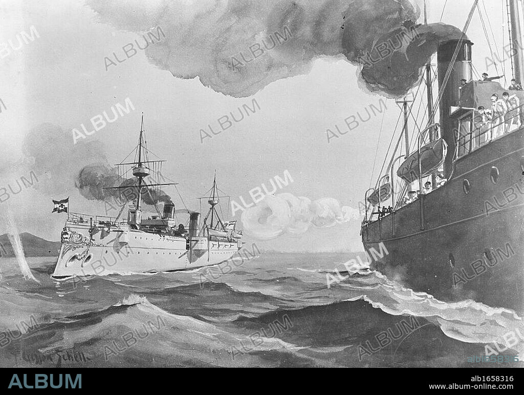 Spanish-American War 1898: USS McCulloch, Cruising cutter, firing a warning shot across the bows of the German cruiser Irene, warning her off interfering in Spanish-American conflict. Halftone.