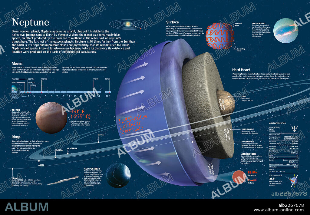 NEPTUNE. Infographics about the characteristics, composition, moons and rings of the planet Neptune.