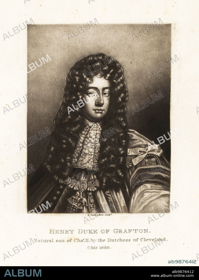 Henry Fitzroy, 1st Duke of Grafton, 1663-1690. Illegitimate son of King Charles II and Barbara Villiers, Duchess of Cleveland. Mezzotint engraving by Robert Dunkarton after a portrait by Sir Godfrey Kneller from Richard Earlom and Charles Turner's Portraits of Characters Illustrious in British History Engraved in Mezzotinto, published by S. Woodburn, London, 1814.