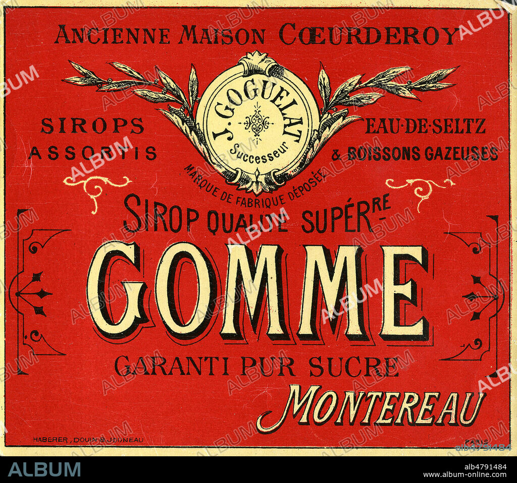 'Sirop qualite superieure Gomme'. Illustration anonyme pour une etiquette vers 1900, 11x9 cm. Credit : Collection IM/KHARBINE-TAPABOR.