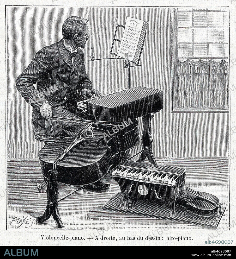 Violoncelle-piano ou melotetraphone et alto-piano. Instruments inventes par Edmond Julien de Vlaminck et Paul Limonier (c'est Louis Poyet qui s'est represente a la place du musicien d'apres une lettre de son petit-fils) Illustration de Louis POYET (1846-1913) pour La Nature du 24 decembre 1892. credit : Collection Kharbine-Tapabor.