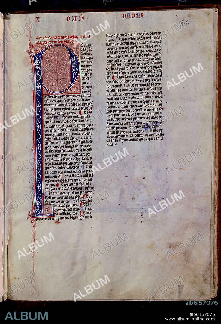 ALFONSO X OF CASTILE THE WISE. PAGINA DEL LIBRO DE JUEGOS O LIBRO DEL AJEDREZ DADOS Y TABLAS - 1283 - FOLIO 83R - EL GRAN AJEDREZ - MANUSCRITO GOTICO.