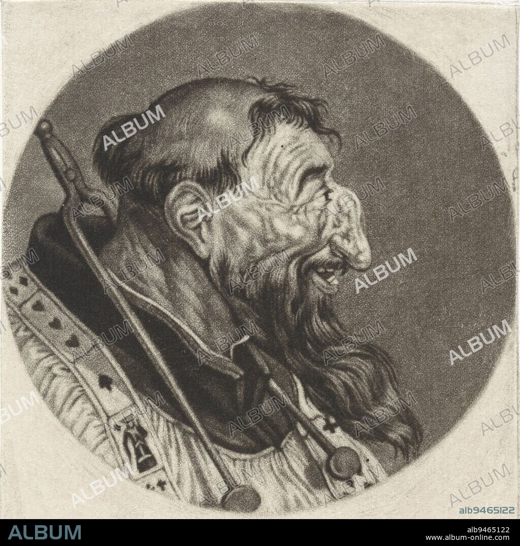 A monk with a hawk nose and goatee. Around his neck a ribbon of playing cards. The print is part of a series with caricatures of the French clergy under Louis XIV, Monk with playing cards around neck Le Pere Ignace Caricatures on the French clergy under Louis XIV, (A) Renversement de la Morale Chr, print maker: Jacob Gole, Cornelis Dusart, 1670 - 1724 and/or 1693 - 1700, paper, engraving, h 115 mm × w 90 mm.