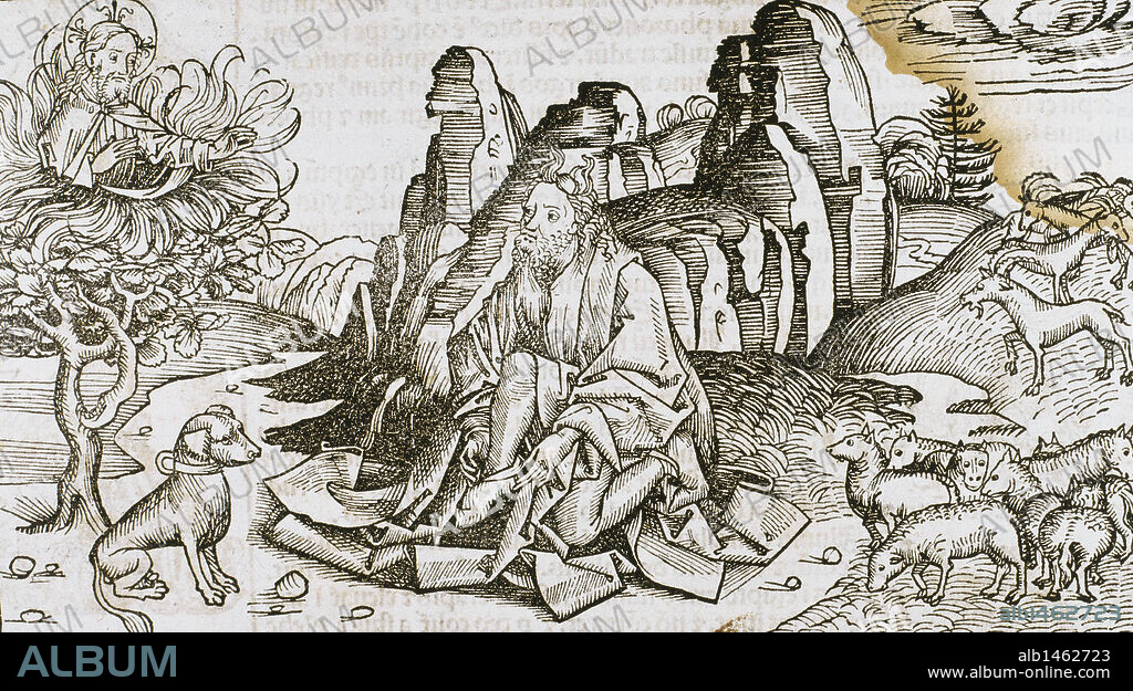 Moses and the burning bush. 16th century engraving.