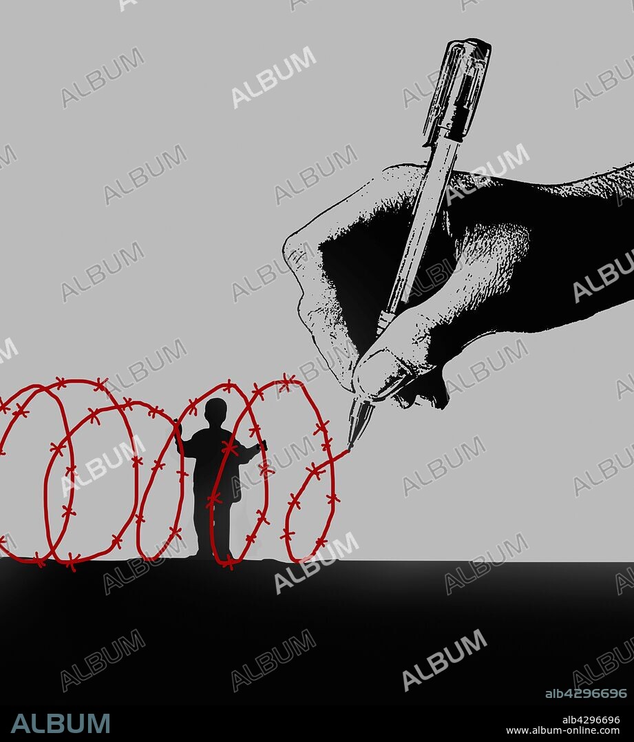 Hand drawing red barbed wire around small boy.