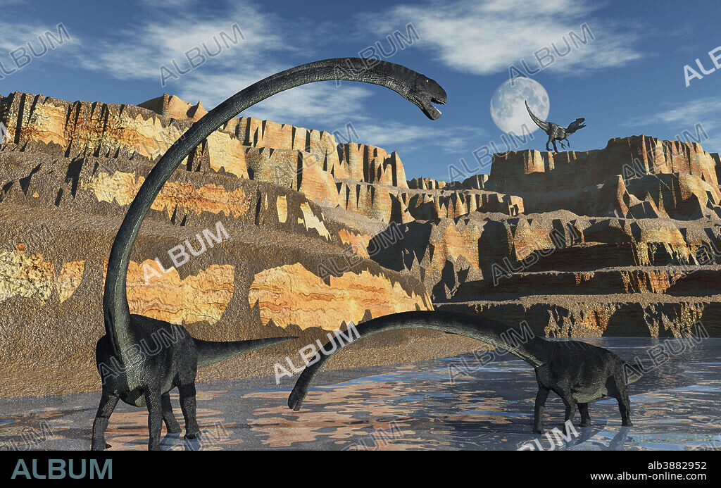 A pair of Omeisaurus dinosaurs being stalked by a carnivorous predator.