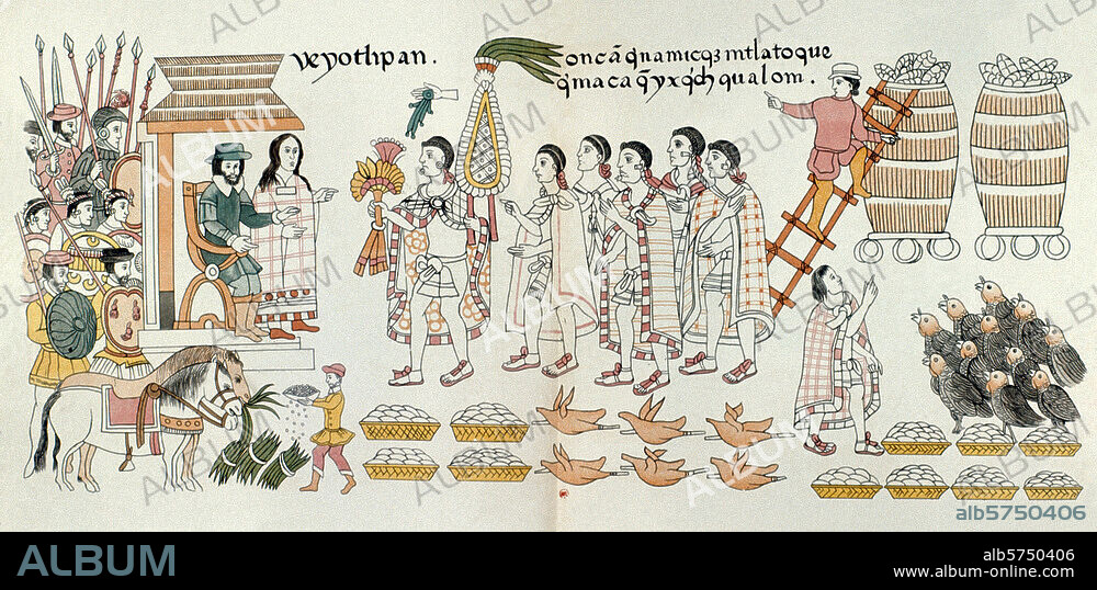 Cortez, Hernando; Span. conqueror of Mexico; 1485-1547. - "Veyotlipan" (Scene showing conquest of Mexico 1519-21; next to Cortez is the interpreter Malintzin). Colour lithograph after the Mexican hieroglyphic "Lienzo de Tlaxcala", from the middle of 15th Century. (No further information available). Paris, Bibliothèque Nationale.