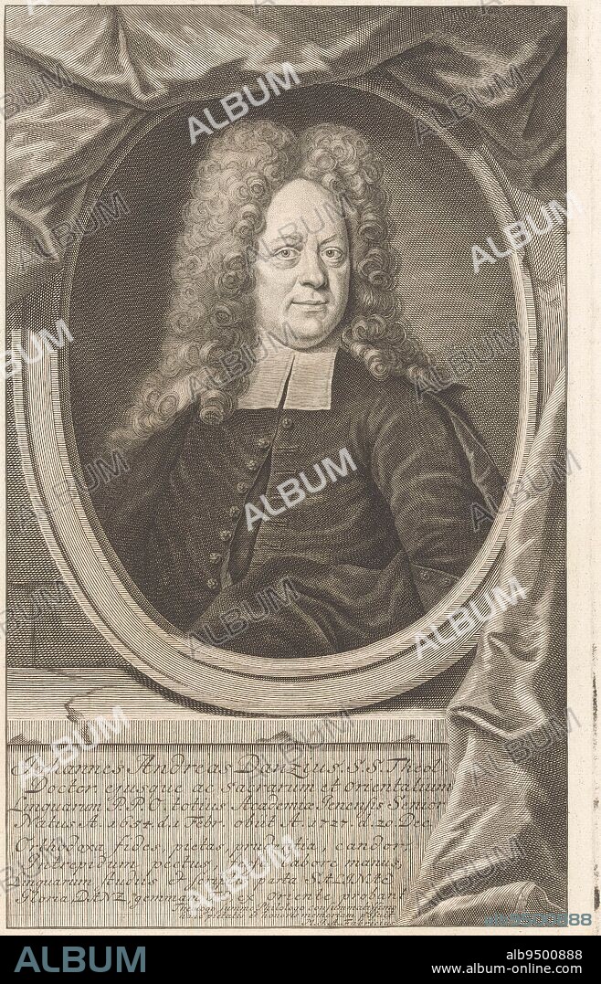Portrait of Johann Andreas Danz, Martin Bernigeroth, 1727 - 1733, print maker: Martin Bernigeroth, Johann Albert Fabricius, (mentioned on object), print maker: Leipzig, Hamburg, 1727 - 1733, paper, engraving, h 327 mm × w 208 mm.