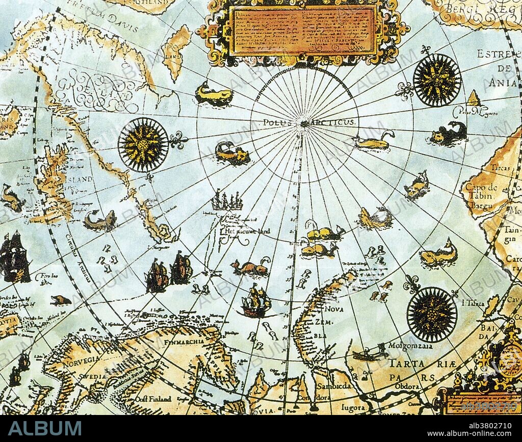 A map of the Arctic compiled by Dutch navigator and explorer William Barents (c.1550-1597), who attempted to find the Northeast Passage from the Atlantic to the Pacific on several expeditions. Barents died in June 1597, trapped in pack ice off the coast of Novaja Zemlja after having discovered and circumnavigated the Spitsbergen archipelago.  The Barents Sea, Barentsburg and Barents Region were all named after William Barents.