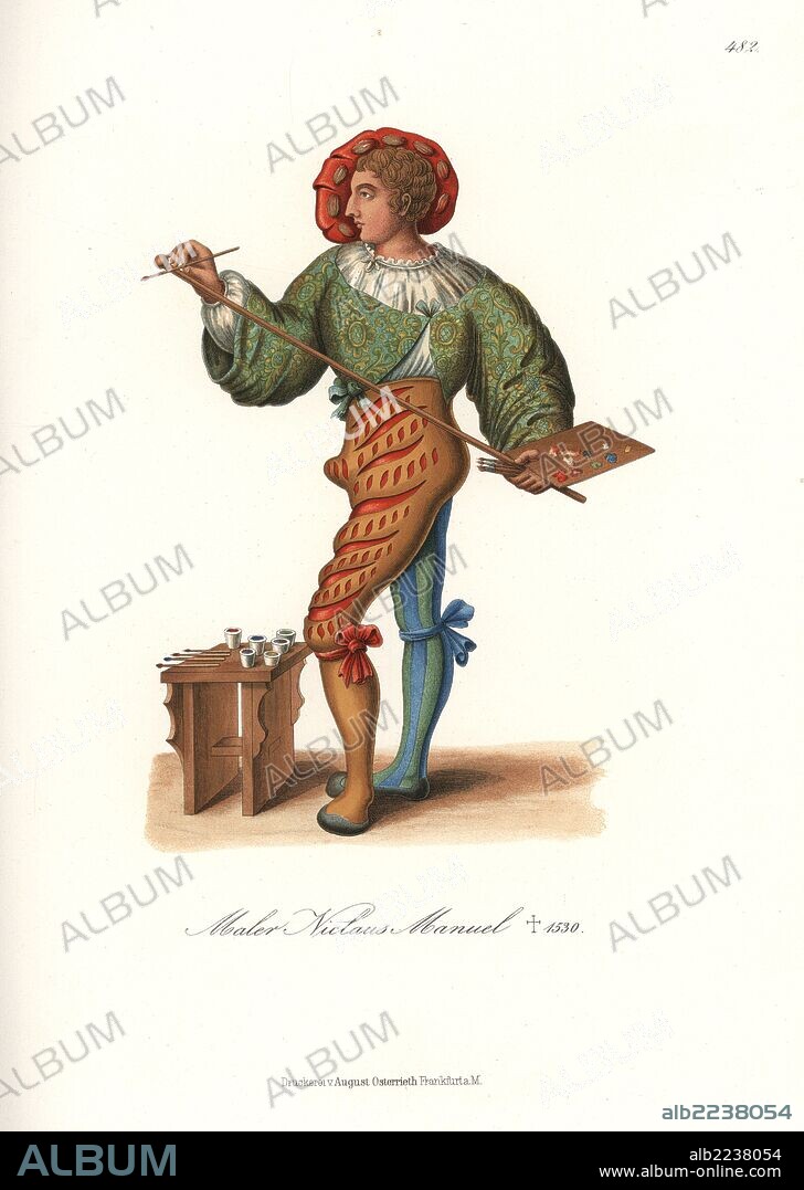 Portrait of the painter and writer Niklaus Manuel Deutsch (1484-1530) in colorful Swiss clothes, like those of a German mercenary or Landsknecht. He wears a floppy hat, a embroidered doublet over white shirt, elaborately slashed culottes with codpiece, and striped odd stockings. He holds a brush and easel with oil paints. Chromolithograph from Hefner-Alteneck's "Costumes, Artworks and Appliances from the Middle Ages to the 17th Century," Frankfurt, 1889. Dr. Hefner-Alteneck (1811 - 1903) was a German museum curator, archaeologist, art historian, illustrator and etcher.