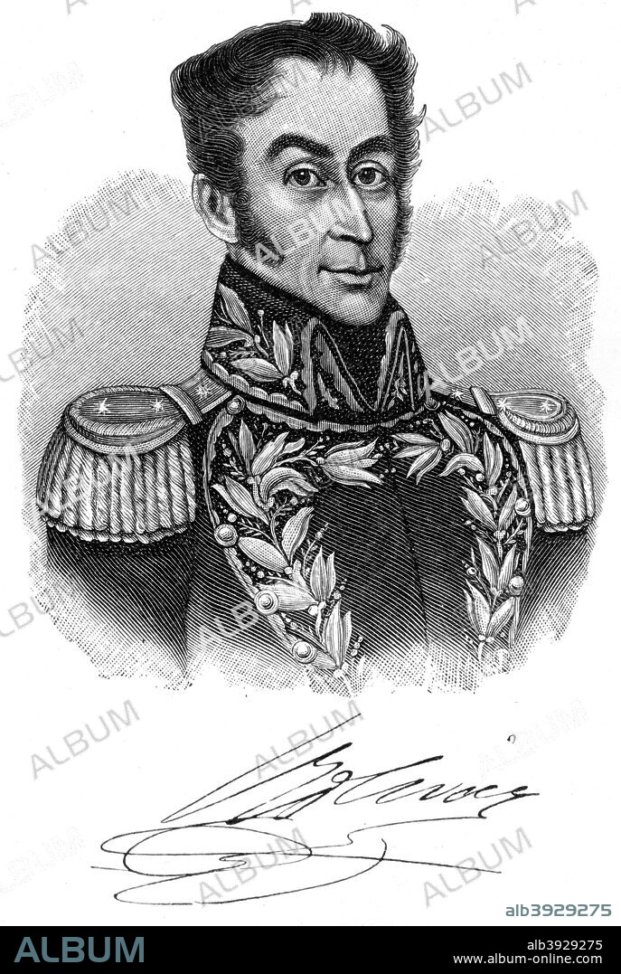 Simon Bolivar, 19th century South American revolutionary leader, (1901). Bolivar (1783-1830) is known as the 'Liberator' of South America from Spanish rule. The son of a Venezuelan aristocrat he led a series of revolutions in Spanish-ruled South America, leading to the creation of the independent states of Colombia (1819), Venezuela (1821), Ecuador (1822), Peru (1824) and Bolivia (1825). He served as President of Colombia (1821-1830) and Peru (1823-1829). Bolivar envisaged the establishment of a league of Hispanic South American nations, but the countries he had liberated began to quarrel amongst themselves. Disillusioned, Bolivar left for Europe, but died on the journey. A print from The World's History, A Survey of Man's Record, by Dr HF Helmolt, Volume I, William Heinemann, London, 1901.