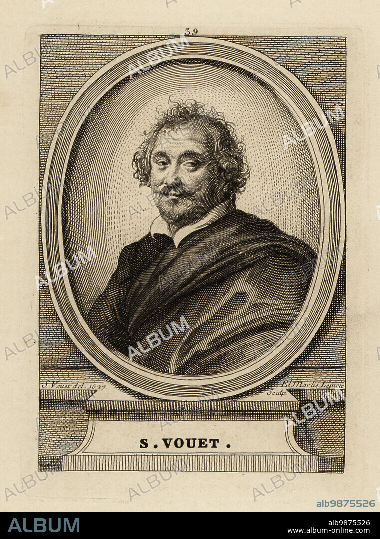 Portrait of Simon Vouet, 1590-1649, French painter, Premier peintre du Roi to King Louis XIII. S. Vouet. Copperplate engraving by Renee-Elizabeth Marlie Lepicie after a self-portrait by Simon Vouet drawn in 1627.