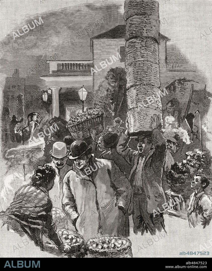 Early morning in Covent Garden fruit and vegetable market, London, England in the 19th century.  From London Pictures, published 1890.
