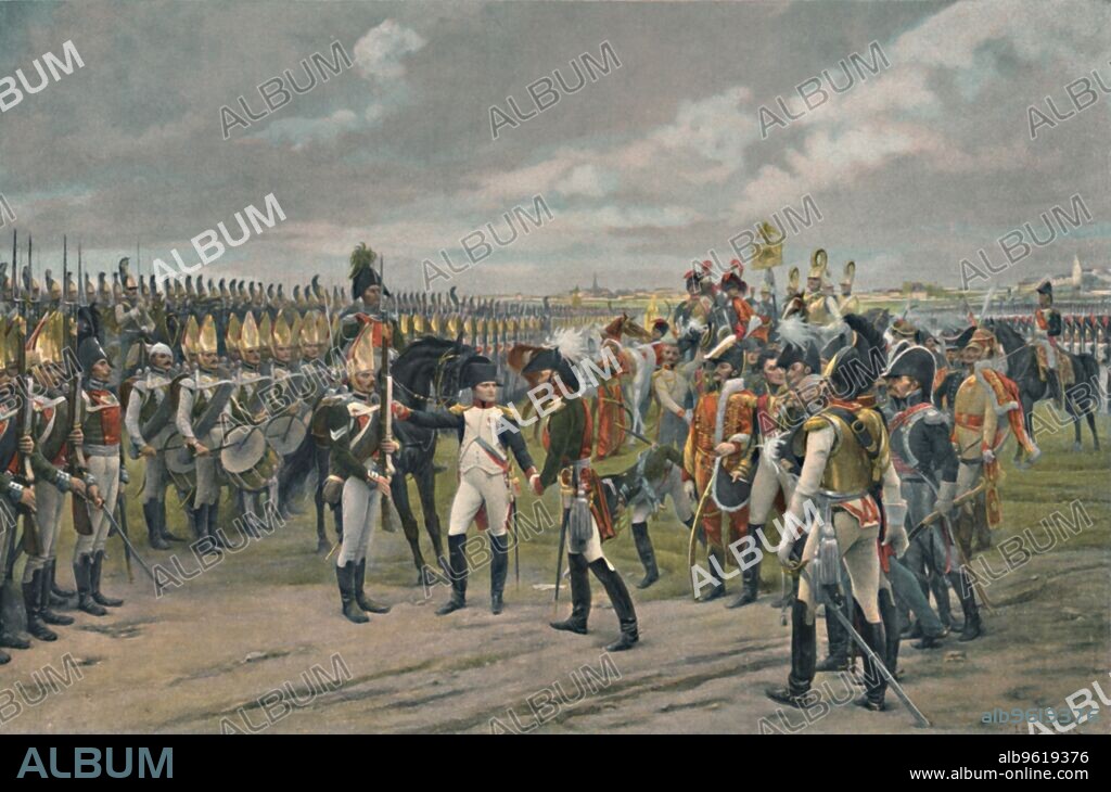 'Napoleon Decorating The Russian Grenadier at Tilsitt', 1807, (1896). Scene from the Napoleonic Wars, Napoleon Bonaparte (1769-1821) giving honours on the battlefield in Russia. Typogravure after the painting by Lionel Royer. From Life of Napoleon Bonaparte, Volume III, by William Milligan Sloane. [The Century Co., New York, 1896].