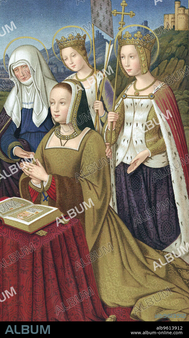 Anne of Brittany (1476-1514), Duchess of Brittany and Queen of France. Anne married Charles VIII of France in 1491, then after Charles' death, married Louis XII in 1499. Coloured lithograph of a miniature from Heures d'Anne de Bretagne, a book of hours, showing her at prayer supported by her patron saints.