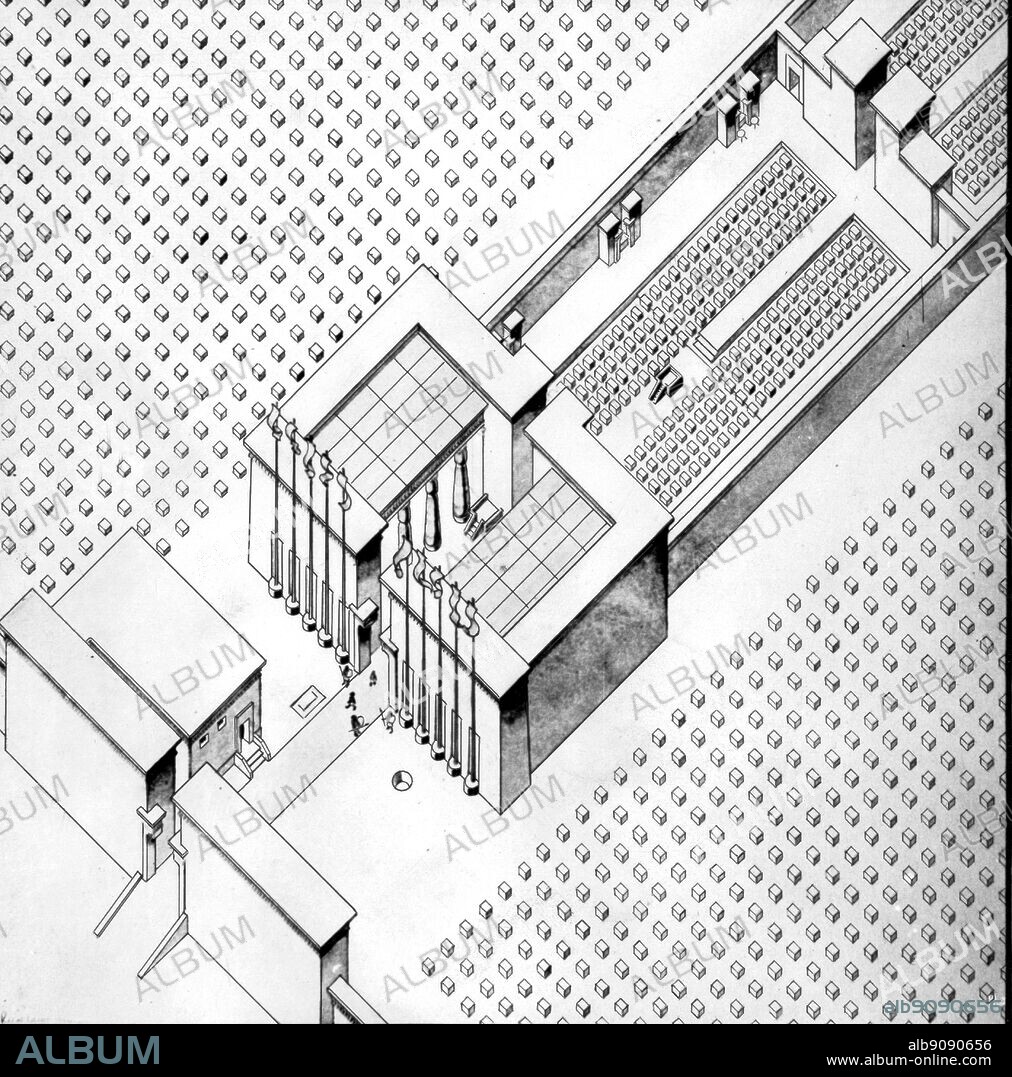 Reconstruction of the entrance to the great temple at Tell el Amarna. Tutankhamen by Christiane Desroches Noblecourt, page 143.