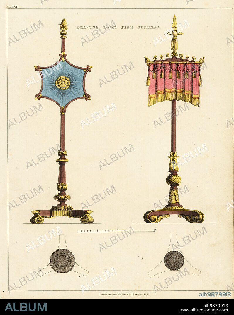 Drawing room fire screens, Regency style. Fire screens of embroidered fabric and fringed drapes on stands of carved wood decorated with gilt. Handcoloured copperplate engraving from George Smiths The Cabinet-Maker and Upholsterers Guide, Jones and Co., London, 1828. George Smith was upholsterer and furniture draughtsman to his Majesty (the Prince of Wales, later King George IV), circa 1786-1826.
