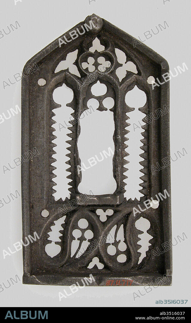 Escutcheon Plate of Lock, 15th century, German, Iron, Overall: 4 5/16 x 2 3/8 x 5/8 in. (10.9 x 6 x 1.6 cm), Metalwork-Iron, The decoration of Gothic iron locks and keys was often elaborate and of the highest standard of workmanship. The motifs were frequently drawn from Gothic architecture, reproducing on a miniature scale complicated tracery patterns and even tiny statuettes.