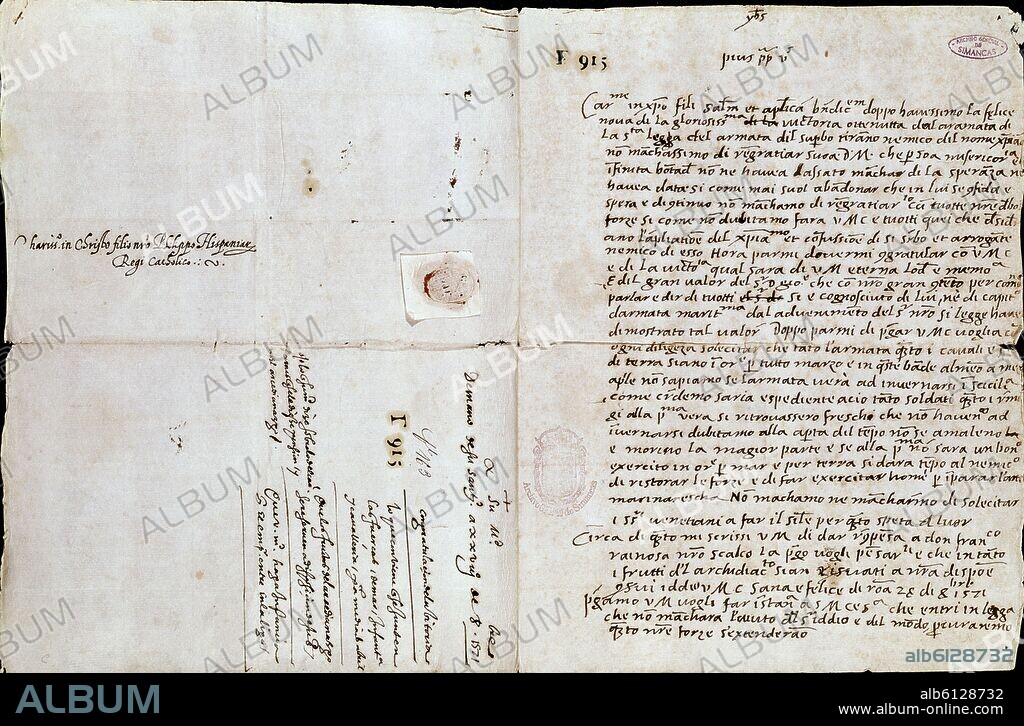CARTA DE SAN PIO V FELICITANDO POR LA VICTORIA DE LEPANTO.