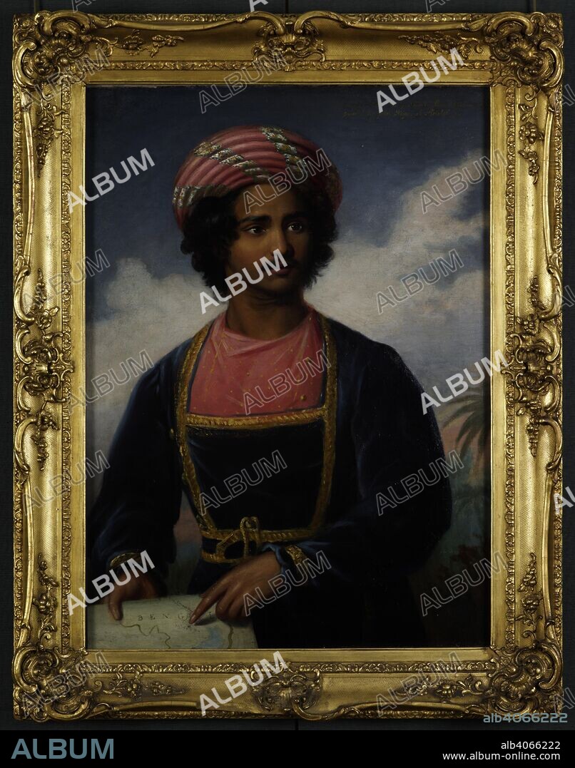 JOHN KING. Portrait of Raja Ram Roy, son of Raja Ram Mohan Roy, 1833 A half-length portrait. He wears a pink turban with touches of green, yellow and white, a blue tunic with gold trimmings and a pink gold-spotted under-vest. He holds a map of Bengal in his right hand and is pointing with his left to Calcutta and Bengal. Raja Ram Roy is a somewhat mysterious figure. He appears to have been a Muslim orphan adopted by Raja Ram Mohan Roy (1772-1833). He accompanied his â€˜fatherâ€™ to England in 1831 and was present at his death at Stapleton Grove near Bristol on September 27, 1833. During this period Raja Ram Mohan Royâ€™s portrait was also painted by H.P. Briggs, R.A. Raja Ram Roy stayed on in England and in August, 1835, was appointed â€˜for one year as an extra Clerk at the Board of Control at East India House with a salary of Â£100, to be charged among the contingencies of the officeâ€™. This appointment was a result of the interest taken in him by John Hobhouse (Lord Broughton), who had recently become President of the Board of Control. His appointment was continued for a further two years but in February 1838 he â€˜expressed a wish to return to Indiaâ€™. He was paid up to 4 August, 1838, and given a â€˜Donation of Â£100 in consideration of his diligence in the discharge of his duties, and the circumstances under which he accompanied his Father Ram Mohun Roy to this countryâ€™. (See â€˜Minutesâ€™ â€˜of the Board of Control,â€™ vol.6, 460-62, 512-13). The young man was warmly recommended to the authorities in India and it was rumoured that he had been appointed to a Writership. This was not, in fact, true, but he appears to have had ambitions which were looked at askance by Indians already in Government Service. (See â€˜Bombay courier,â€™ Tuesday 13 August 1839, 306). In 1840 he appears to have been employed as an Examiner in the Secret and Political Department and was probably the first Indian to enter that office. â€˜(Bombay courier,â€™ Saturday 13 June, 1840, 206). He is thought to have died young. 1833. Oil painting. Source: Foster 599.