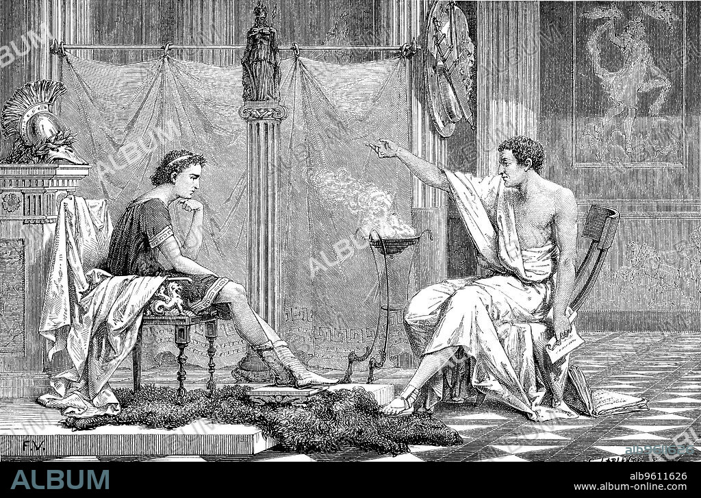 Alexander the Great (356-323 BC) as a youth, listening to his tutor Aristotle, c1875. In only 13 years, Alexander III of Macedon conquered a vast empire stretching from the Mediterranean to India. Alexander died of a fever in the palace of Nebuchadnezzar in Babylon, aged only 33, and his empire broke up rapidly after his death.