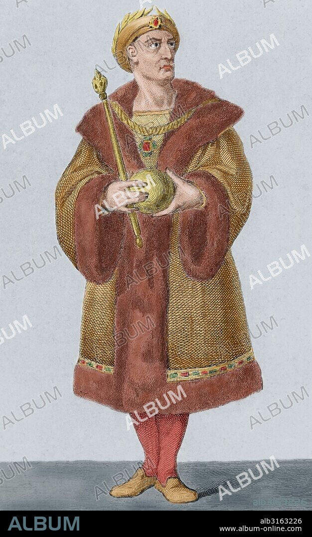 FEDERICO III DE HABSBURGO (Innsbruck,1415-Linz,1493). Duque de Alta Austria, Archiduque de Austria y emperador del Sacro Imperio Romano Germánico (1440-1493). Su reinado estuvo marcado por la pérdida de Bohemia y Hungría. Grabado coloreado.