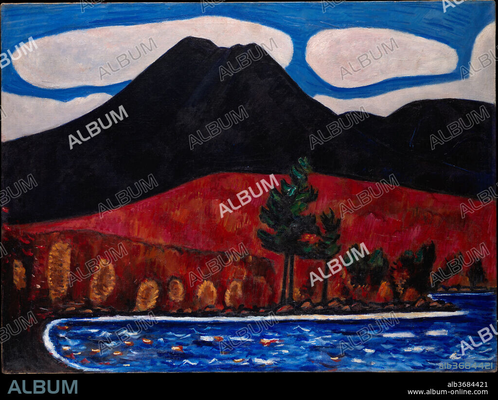 Mount Katahdin, Autumn, No. 2. Artist: Marsden Hartley (American, Lewiston, Maine 1877-1943 Ellsworth, Maine). Dimensions: 30 1/4 × 40 1/4 in. (76.8 × 102.2 cm). Date: 1939-40.
Beginning in the mid-1930s, Hartley, a restless artist who had previously been associated with the European avant-garde, proclaimed himself to be the "Painter from Maine." Between 1939 and 1942, he created more than eighteen bold paintings of Maine's highest peak, Mount Katahdin, a geological landmark that, as the northernmost terminus of the Appalachian Trail, resonated with both regional and national symbolism. Hartley's flat and rough-hewn depiction of form aligns his work with folk art, which audiences and critics embraced throughout the period as inherently American.