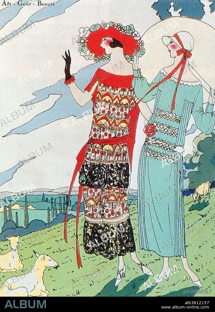 Entitled: "Bernard & Cie summer dresses, fashion illustration, pochoir technique, 1923". Fashion is a distinctive and often habitual trend in the style in which a person dresses. It is the prevailing styles in behavior and the newest creations of textile designers. Prior to the mid-19th century, most clothing was custom-made. It was handmade for individuals, either as home production or on order from dressmakers and tailors. By the beginning of the 20th century, with the rise of new technologies such as the sewing machine, the development of the factory system of production, and the emergence of department stores, clothing had increasingly come to be mass-produced in standard sizes and sold at fixed prices.