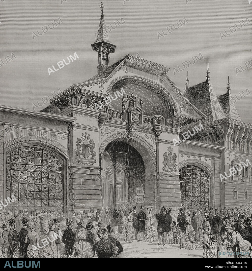 Historia de Francia. Siglo XIX. Exposición Universal de París 1878. Celebrada entre el 1 de mayo y el 10 de noviembre de 1878. Fachada de la sección de Suiza en el Palacio del Campo de Marte. Grabado. La Ilustración Española y Americana, 1878.
