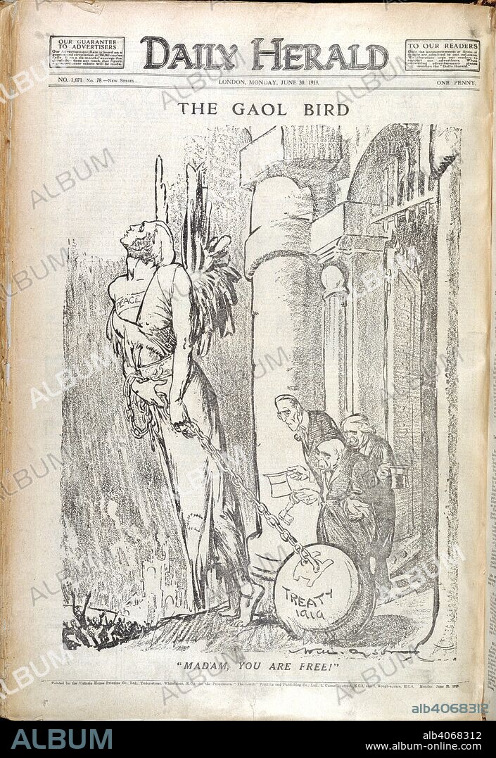 'The Gaol bird'. A newspaper cartoon relating to the peace treaty ending the First World War. . Daily Herald. Monday, June 30, 1919. Source: Daily Herald.